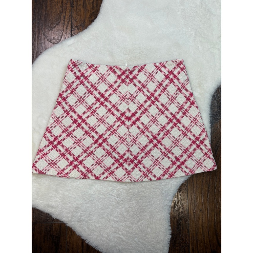 Zara Mini Skirt Large Pink White Plaid Tweed Women